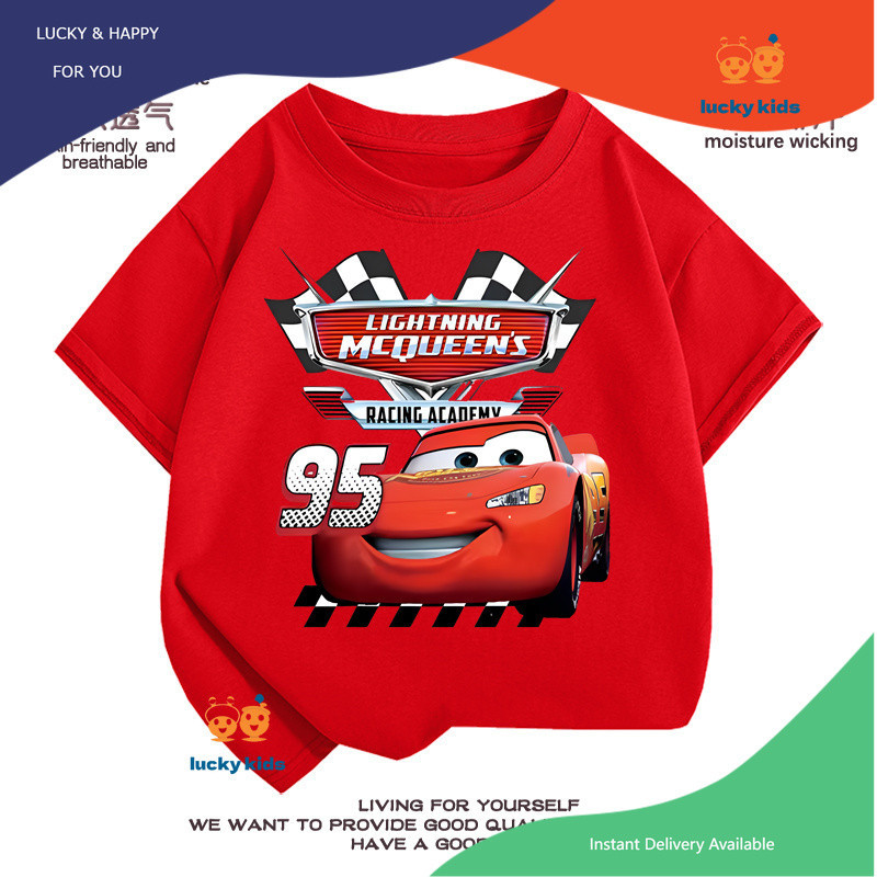 เสื้อยืดเด็กผ้าฝ้าย 100% แฟลช McQueen-2 อะนิเมะแขนสั้นรถแข่งสตอรี่ สะดวกสบายและระบายอากาศได้โดยไม่เสียรูปไม่จางหาย