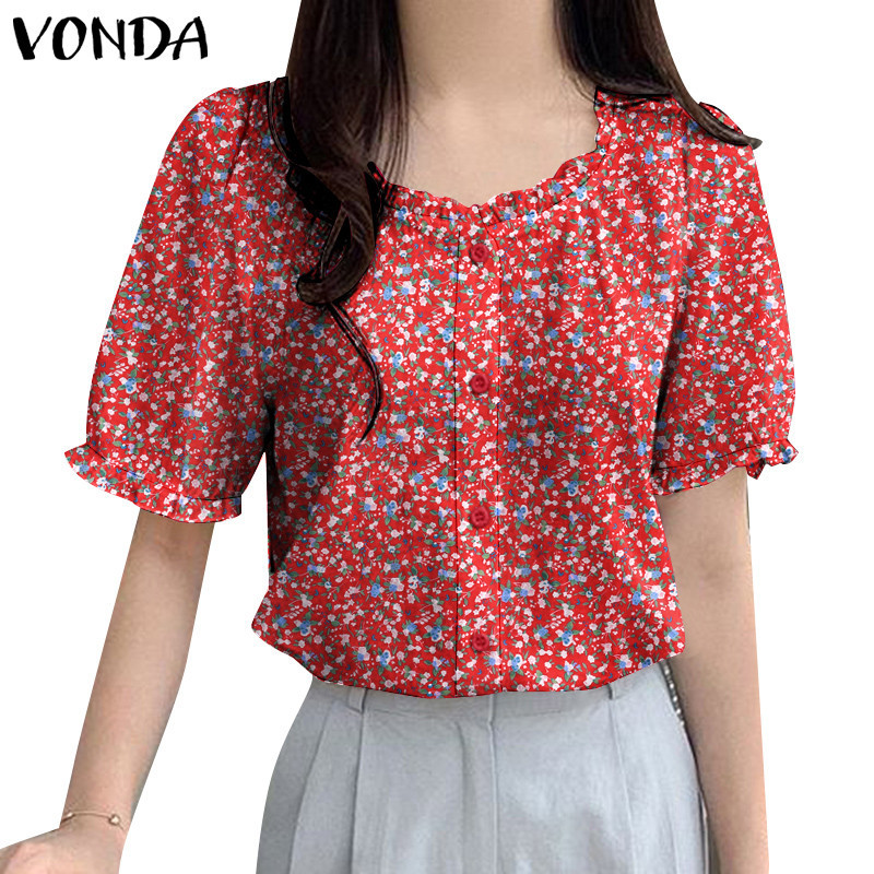 Vonda ผู้หญิงเกาหลีลําลองรอบคอไม้หูขอบดอกไม้ขนาดเล็กเสื้อ Arc Hem