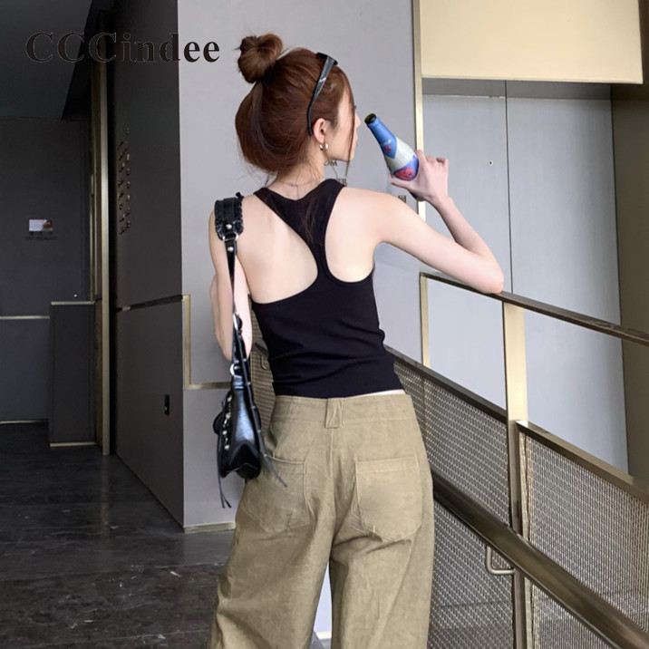 Cccindee Womens 2024 ใหม่แฟชั่นเซ็กซี่ Halter Backless Slim Casazul สั้น Slim All Match Tnak Top