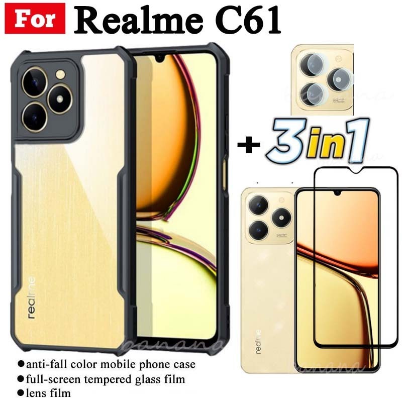 3 IN 1 Realme C61 C 61 Anti-fall โทรศัพท์มือถือสําหรับ Realme C63 C71 C75 ฟิล์มกระจกนิรภัย + ฟิล์มเล