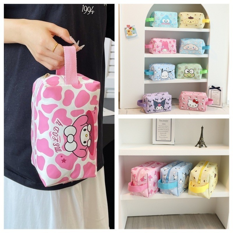 อะนิเมะ Hello Kitty Sanrio กระเป๋าเครื่องสําอาง Kawaii การ์ตูน Cinnamoroll Melody Beauty Travel กระเป๋าแต่งหน้าแป้งกระเป๋าเก็บหญิง