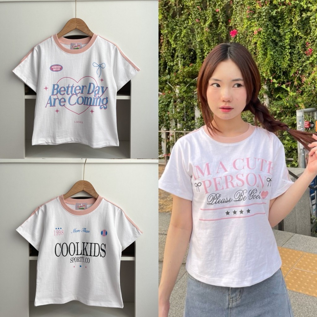 เสื้อครอปเกาหลี baby tee sweeticme พิมพ์ลายโบว์น่ารัก สวย เสื้อครอปเด็กโต คอกลมแขนสั้น เสื้อครอปผู้หญิง