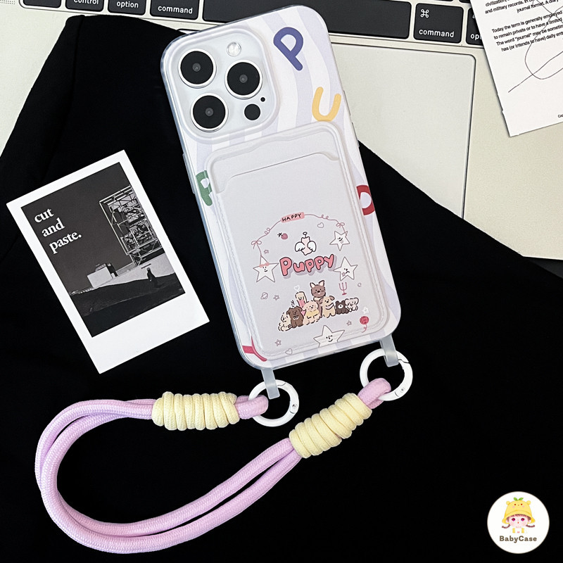 ลูกหมาน่ารักสีขาวเล่นเป็นดา ช่องใส่บัตรพร้อมสายคล้อง เคสIPhone 11 15 13 12 14 Pro Max 7 15 8 14 Plus X XS XR Max SE 2020