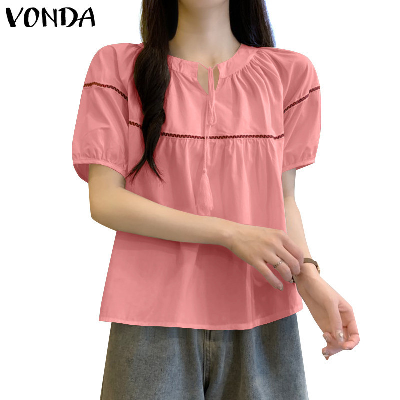 Vonda เสื้อเบลาส์แขนสั้นคอกลมวันหยุดเกาหลีสําหรับผู้หญิง