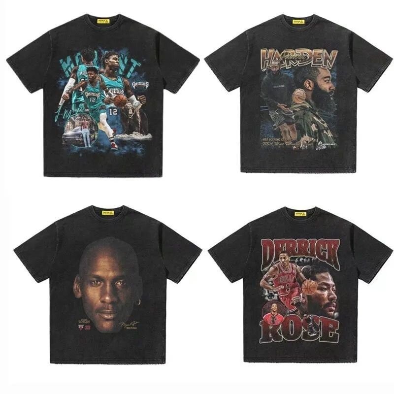 เสื้อยืดผ้าฝ้ายแฟชั่น NBA Ross พิมพ์ American Retro High Street บาสเกตบอล Vibe Hip Hop Graphic Tee