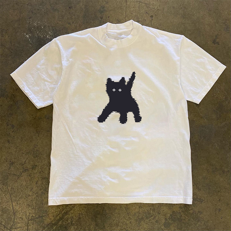 COD✅ (จัดส่งในกรุงเทพฯ) MAO Shop พิกเซลแมวทอด print tee，คอกลมแขนสั้นผ้าcotton เสื้อยืด oversize เท่ๆ #51377
