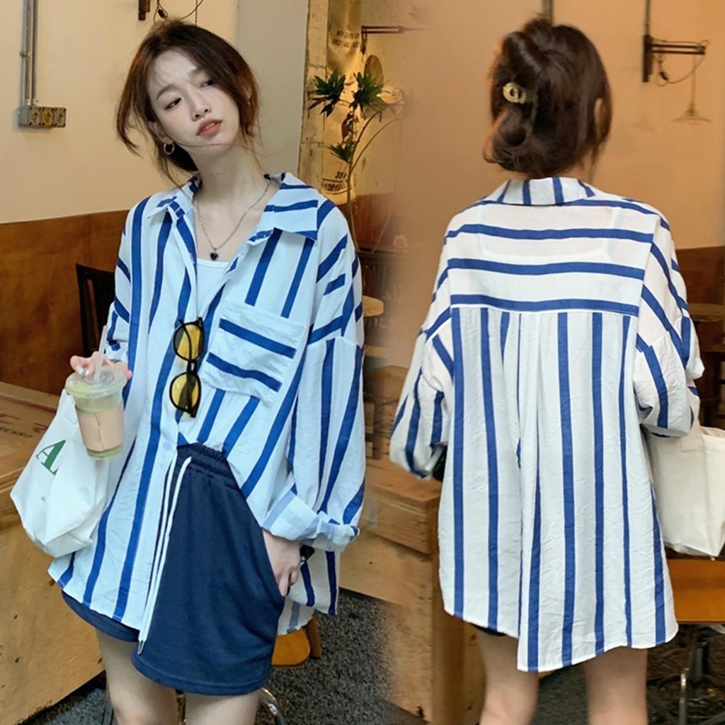 mimi&didi#เสื้อเชิ้ตแฟชั่นกันแดดลายทาง สีน้ำเงิน เสื้อเชิ้ตแขนยาวทรงหลวมสไตล์เกาหลีบางสำหรับฤดูร้อน#W427