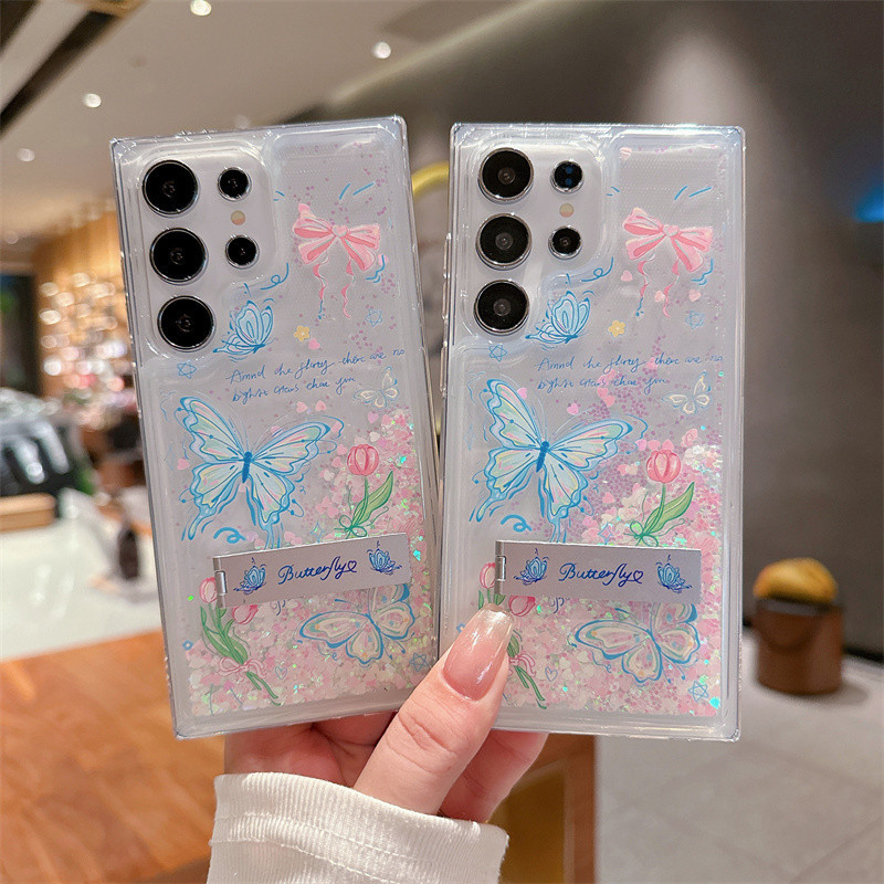 Quicksand Samsung S24 Ultra S23 Plus S22 Ultra S21 Plus CasingPink Blue ButterflySoft ซิลิโคนที่วางโทรศัพท์มือถือกันกระแทก
