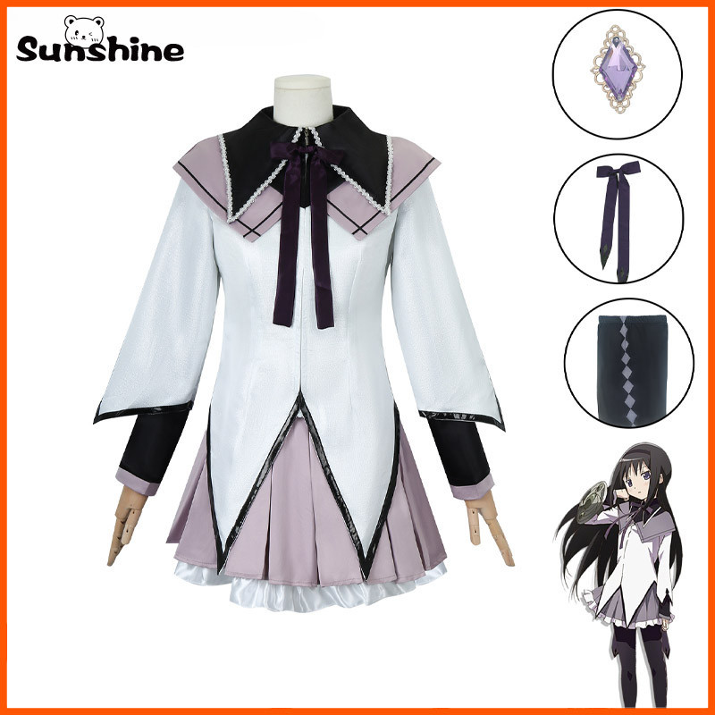 อะนิเมะ Magical สาว Puella Magi Madoka Magica Homura Akemi คอสเพลย์เครื่องแต่งกายต่อสู้เครื่องแบบวิกผมถุงเท้าสําหรับ Mahou Shoujo การ์ตูน Con