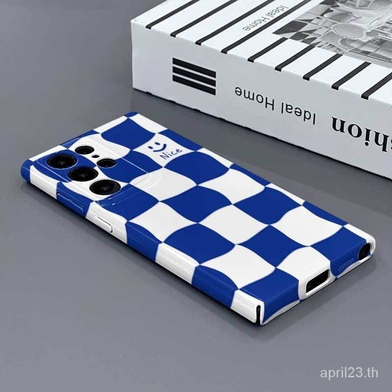 เคสโทรศัพท์มือถือเรียบง่ายสีฟ้าและสีขาวลายสก๊อตยิ้ม Samsung เคสป้องกันเข้ากันได้กับ S22 S23 S24 PLUS A34 A54 5G A14 A55เคสป้องกันโทรศัพท์มือถือ A23 A53 A73 4G/5G เคสแข็งป้องกัน A04/a04e S24 ultra