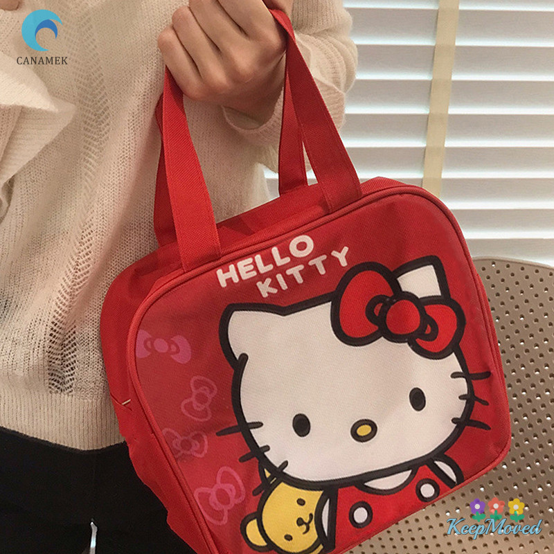 Keepmoving แฟชั่น Kawaii Casual KT Cat กระเป๋าถือผ้าใบสําหรับผู้หญิงเด็กน่ารักการ์ตูนแบบพกพาขนาดใหญ่ความจุกระเป๋าถุงอาหารกลางวันของขวัญใหม่
