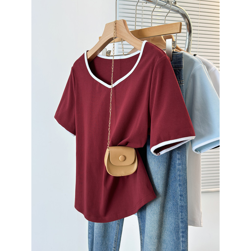 เสื้อยืด Oversize (50-95kg) ผ้าฝ้ายแขนสั้น Top V คอธรรมดา Plus ขนาดแฟชั่น T เสื้อ