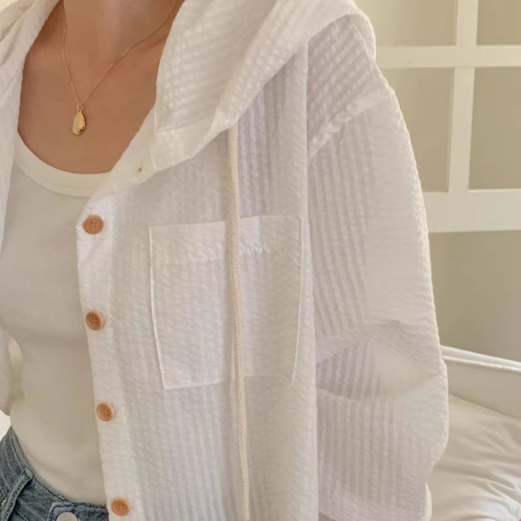 (พร้อมส่งจากกรุงเทพ🇹🇭) เสื้อฮู้ดแขนยาวฤดูร้อนใหม่ของผู้หญิงเสื้อคาร์ดิแกนหลวมลายทางเสื้อกันแดด - รูปที่ 7