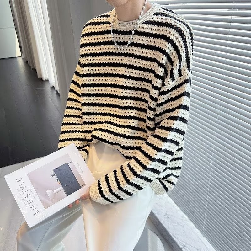 ฤดูใบไม้ร่วง Retro Hollow Contrast n ออกแบบสไตล์ขี้เกียจ High-End เสื้อกันหนาวลาย