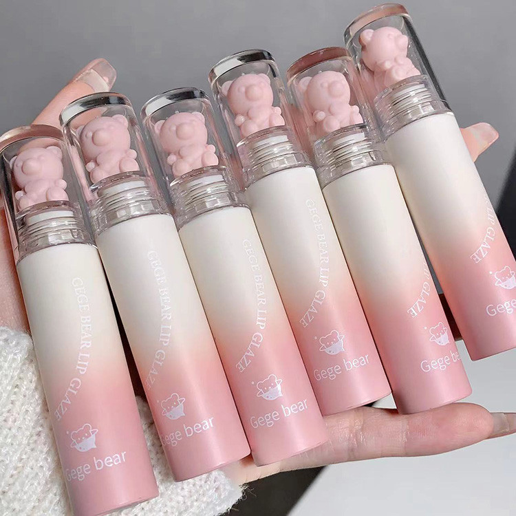 Gege Bear Matte Lipstick , ลิปกลอส , Matte Velvet Texture , Moisturizing Glaze Waterproof Pink Bear Lip Clay