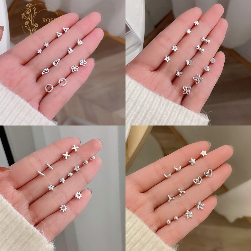 Roselife 12PCs เกาหลี S925 เงิน Minimalism Bow Star หัวใจ Pierced ต่างหูชุดสําหรับหญิงสาวทุกวันสวมใส่เรขาคณิตหู Studs เครื่องประดับอุปกรณ์เสริม