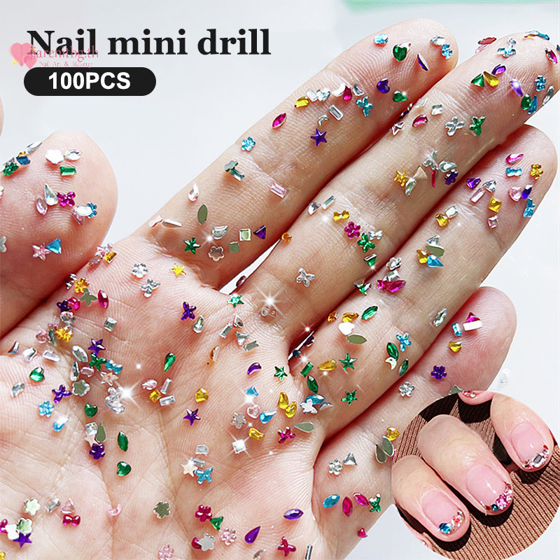 RENBG 100 ชิ้นเล็บขนาดเล็กแบนกลับเล็บ Ch Rhinestones รูปพิเศษคริสตัลเล็บหินตกแต่ง TH