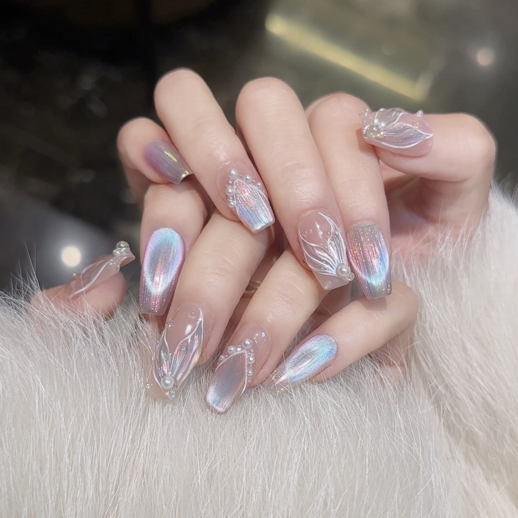 [Handmade] เล็บประดิษฐ์ Dream Mermaid French Cat's Eye Bubble 3D Pearl Phototherapy กดบนเล็บ reusable และถอดออกได้เล็บ Toolkit