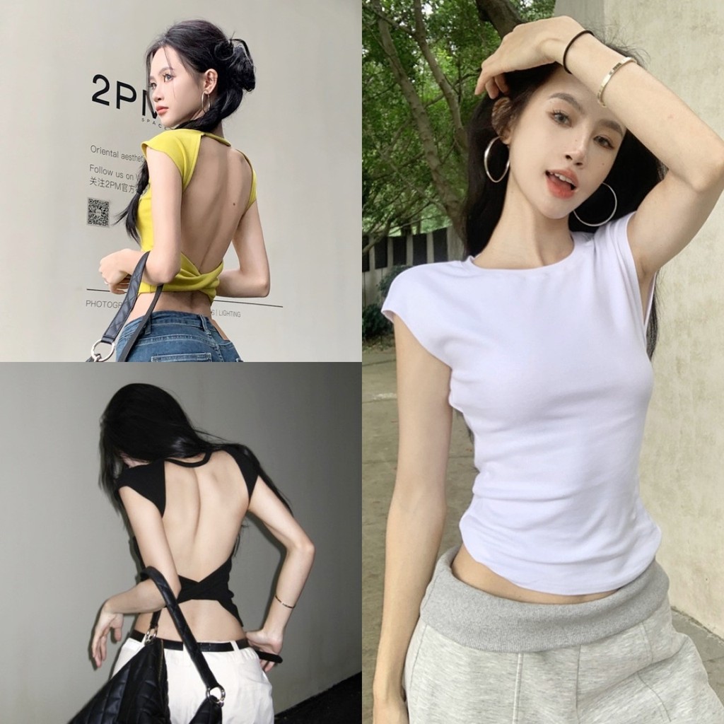 ราคาถูกที่สุด เสื้อยืดแขนกุด คอกลม เปิดโชว์หลัง เอวด้านหลังม้วน สีพื้น 3 สี