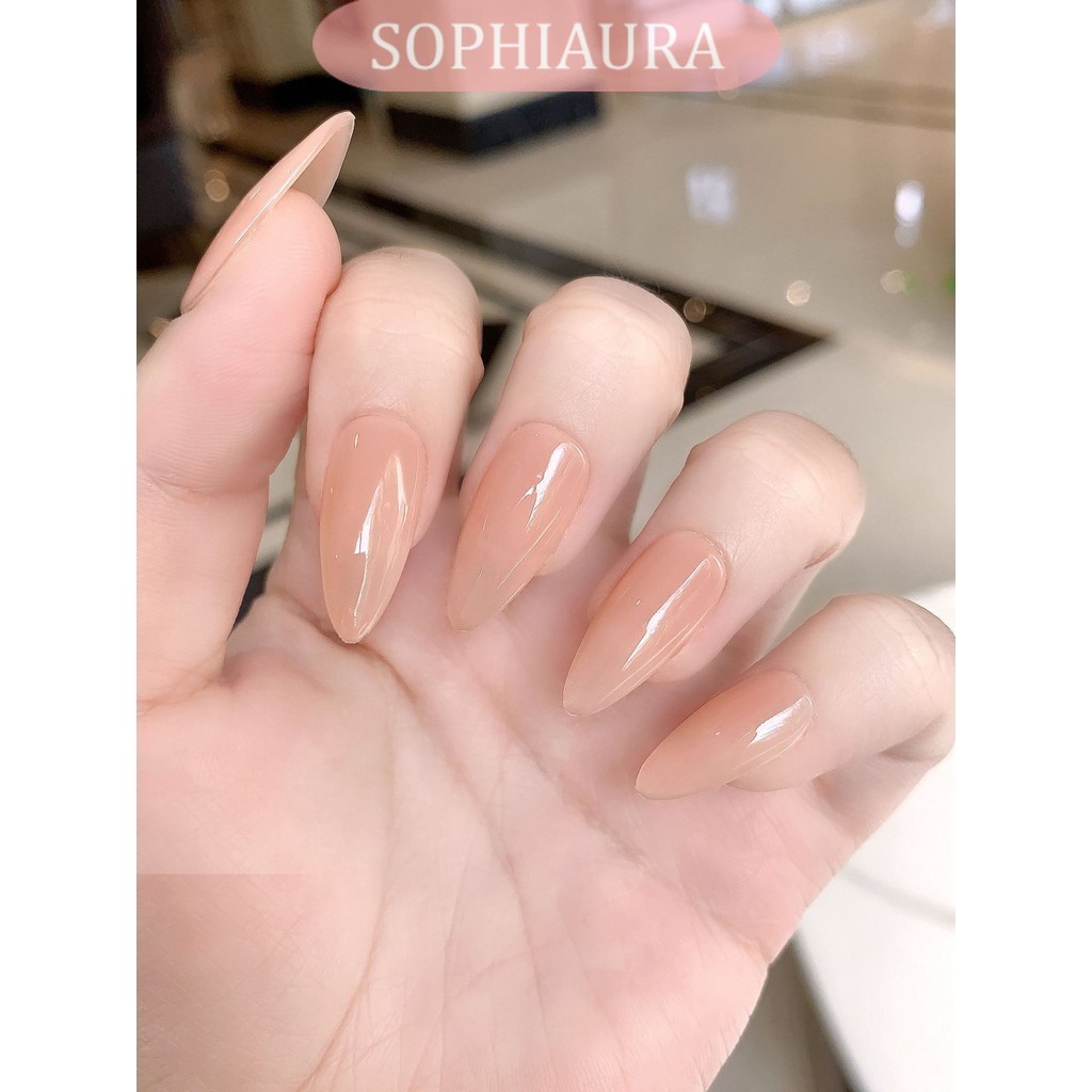 Sophiaura เล็บทําด้วยมือ Nude Beige Medium Almond Shape การออกแบบธรรมดาหรูหรา Elegant Mature เล็บปลอมนํากลับมาใช้ใหม่ทําด้วยมือกดบนเล็บ Art