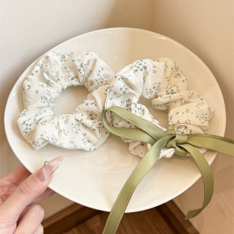 สีเขียวดอกไม้พิมพ์ Scrunchies ผู้ถือผมหางม้าผูกผม Headwear เครื่องประดับผม