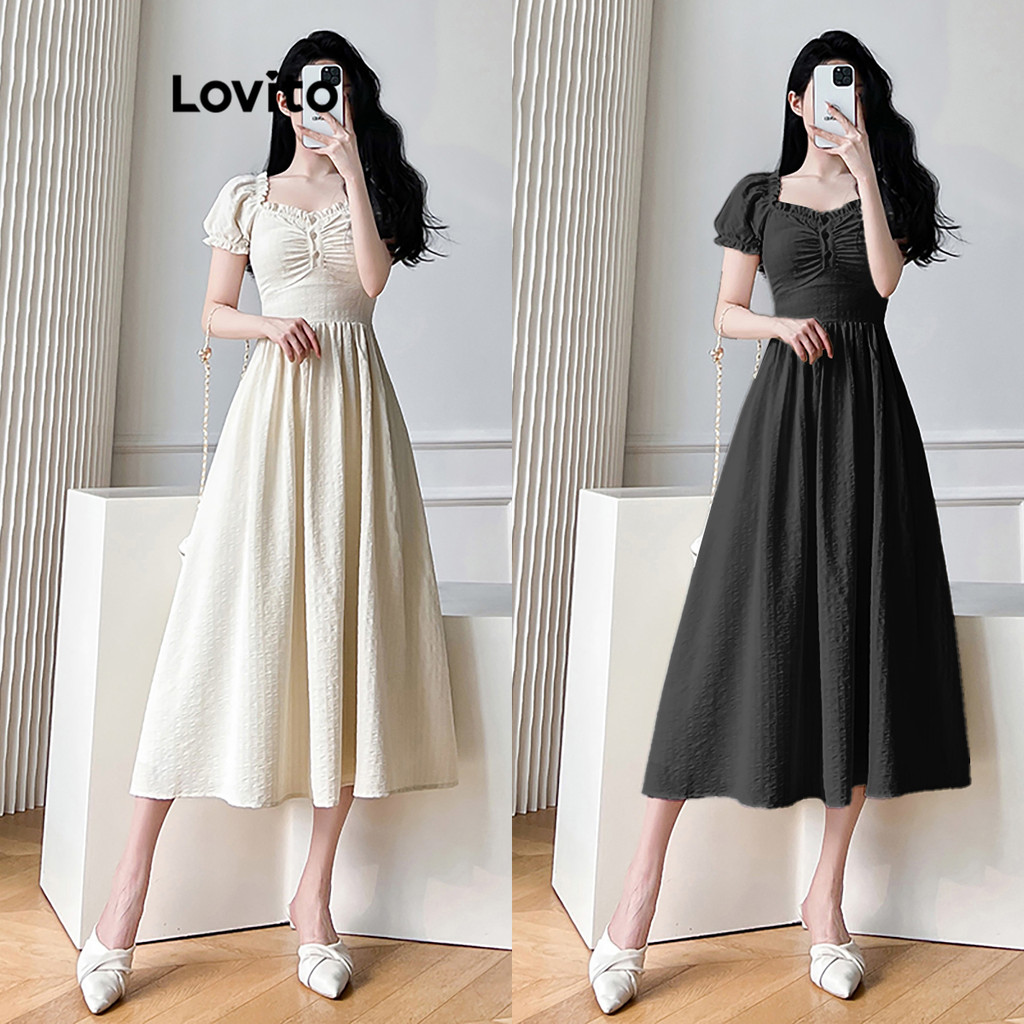Lovito ชุดเดรสผู้หญิง กระดุมด้านหน้า สีพื้น หรูหรา LNE52158(หลากสี)