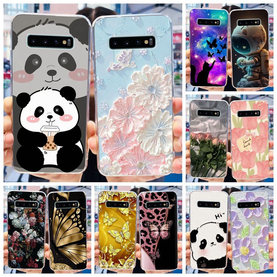 สําหรับ Samsung Galaxy S10+ (S10 Plus) SM-G975F / S10 SM-G973F น่ารัก Panda ดอกไม้ทาสีซิลิโคนนุ่ม TPU เคสโทรศัพท์