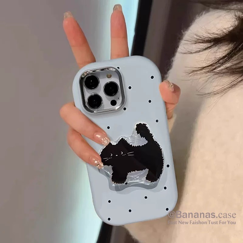 IPhone 17 16 15 14 13 12 11 Pro Max X Xr Xs Max 7 8 Plus SE2020 เคสโทรศัพท์น่ารักแมวดํา + ขาตั้งปกอ่อน