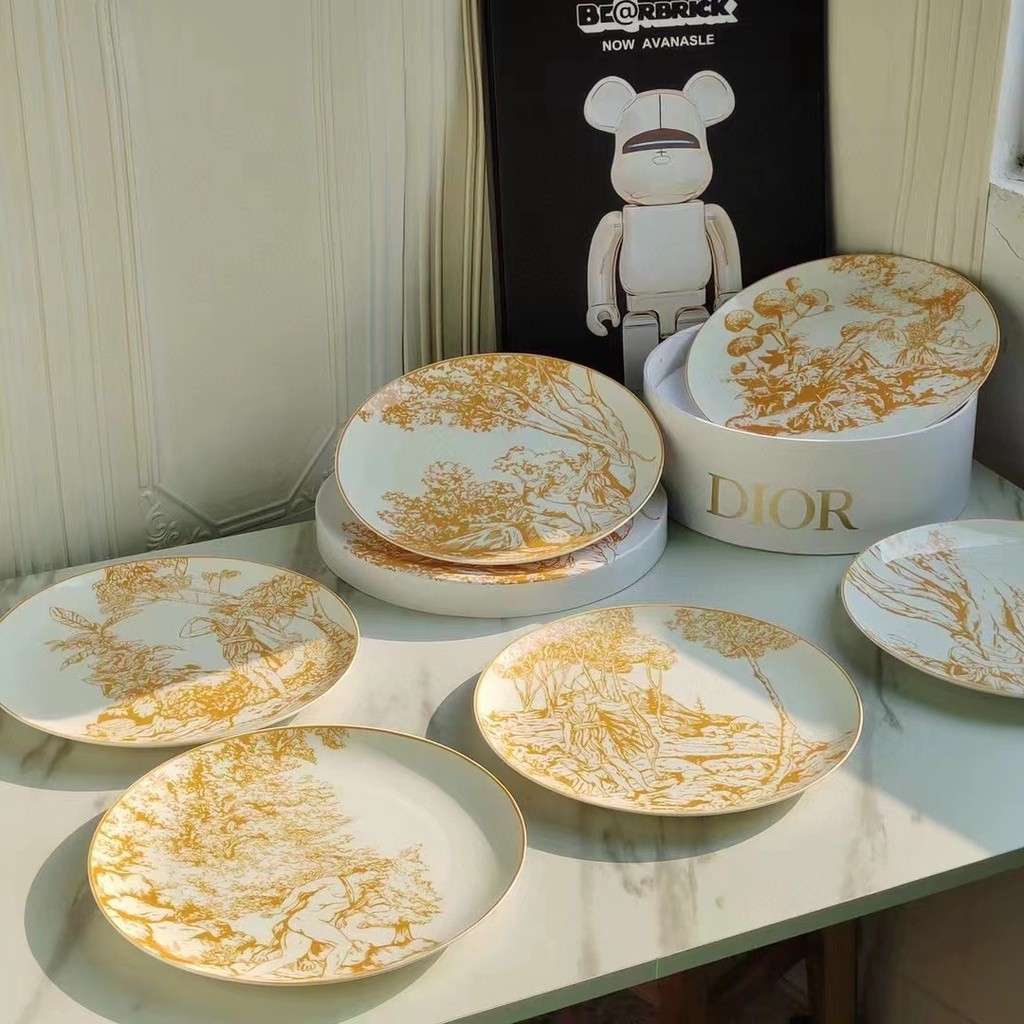 【Shang family】dior ใหม่ประณีตหรูหรา Limoge Series Gold Bone China เซรามิคจานอาหารค่ํา 6 ชิ้นกล่องของขวัญแพ็คเกจ
