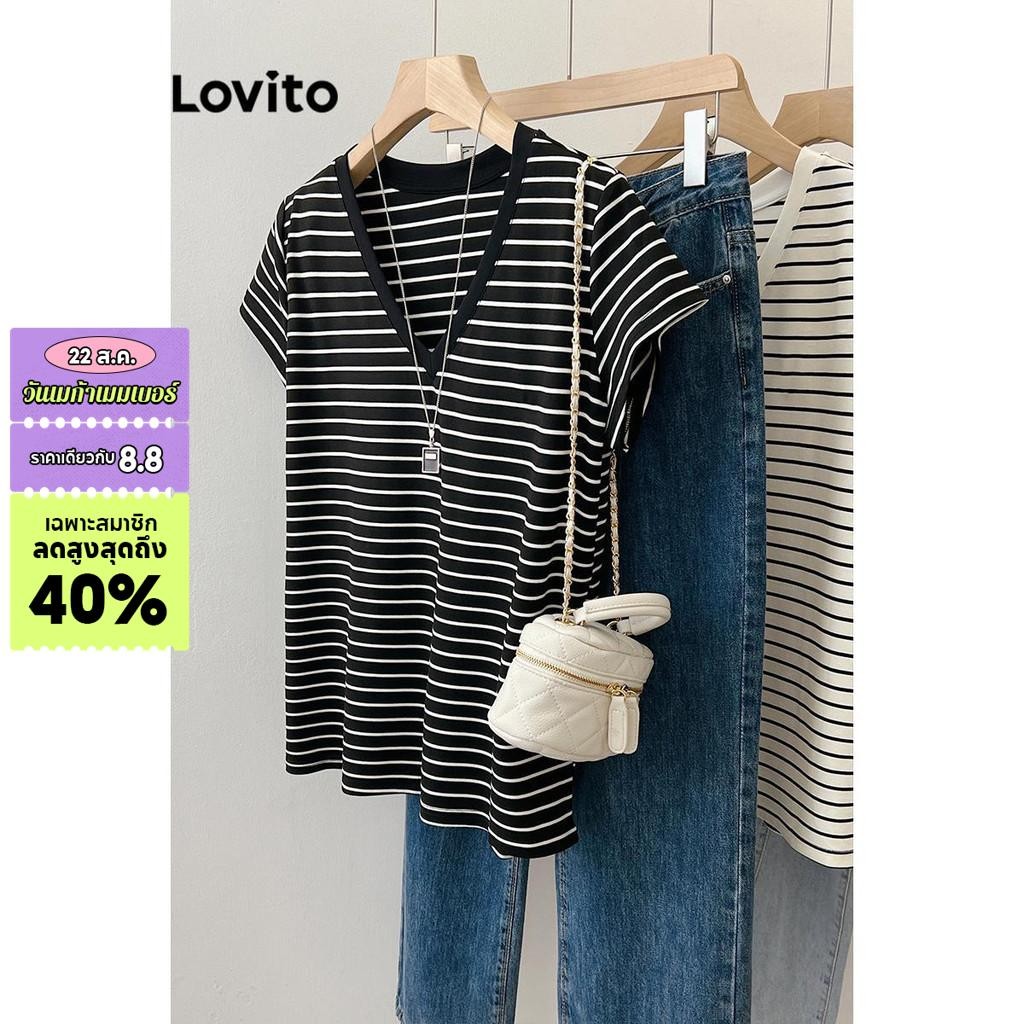 Lovito เสื้อยืดผู้หญิง ลายทาง เบสิก สไตล์ลำลอง LNE40020