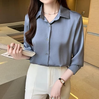 KOKO#เสื้อเบลาส์ แขนยาว ผ้าซาติน สไตล์เกาหลี สําหรับผู้หญิง#W443