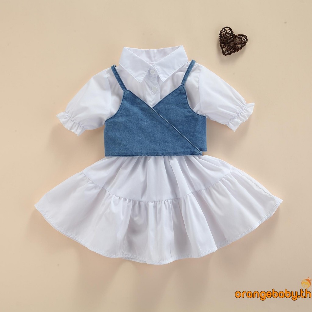Oraby-เดรสแขนสั้นเด็ก + เสื้อกั๊กยีนส์ผ้าพันแผลปรับได้สไตล์เรียบง่ายพร้อมการตกแต่งนัวเนีย