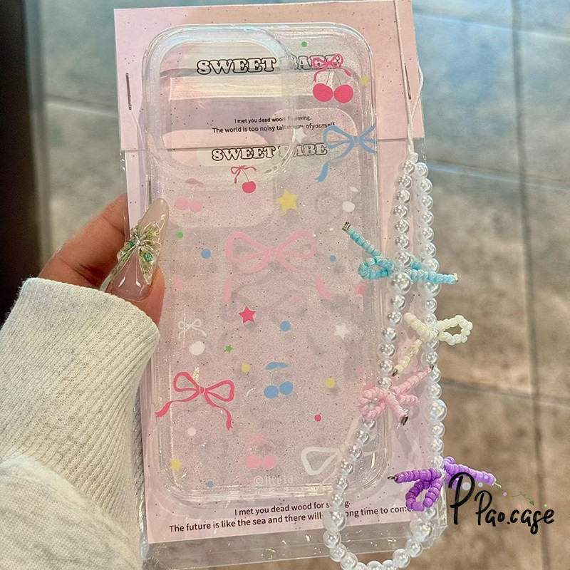 โบว์สีชมพูหวานเชอร์รี่เข้ากันได้กับ IPhone 11 15 13 14 Pro Max XR X 7Plus XS Max 7 15 14 8Plus ปกโปร่งแสง