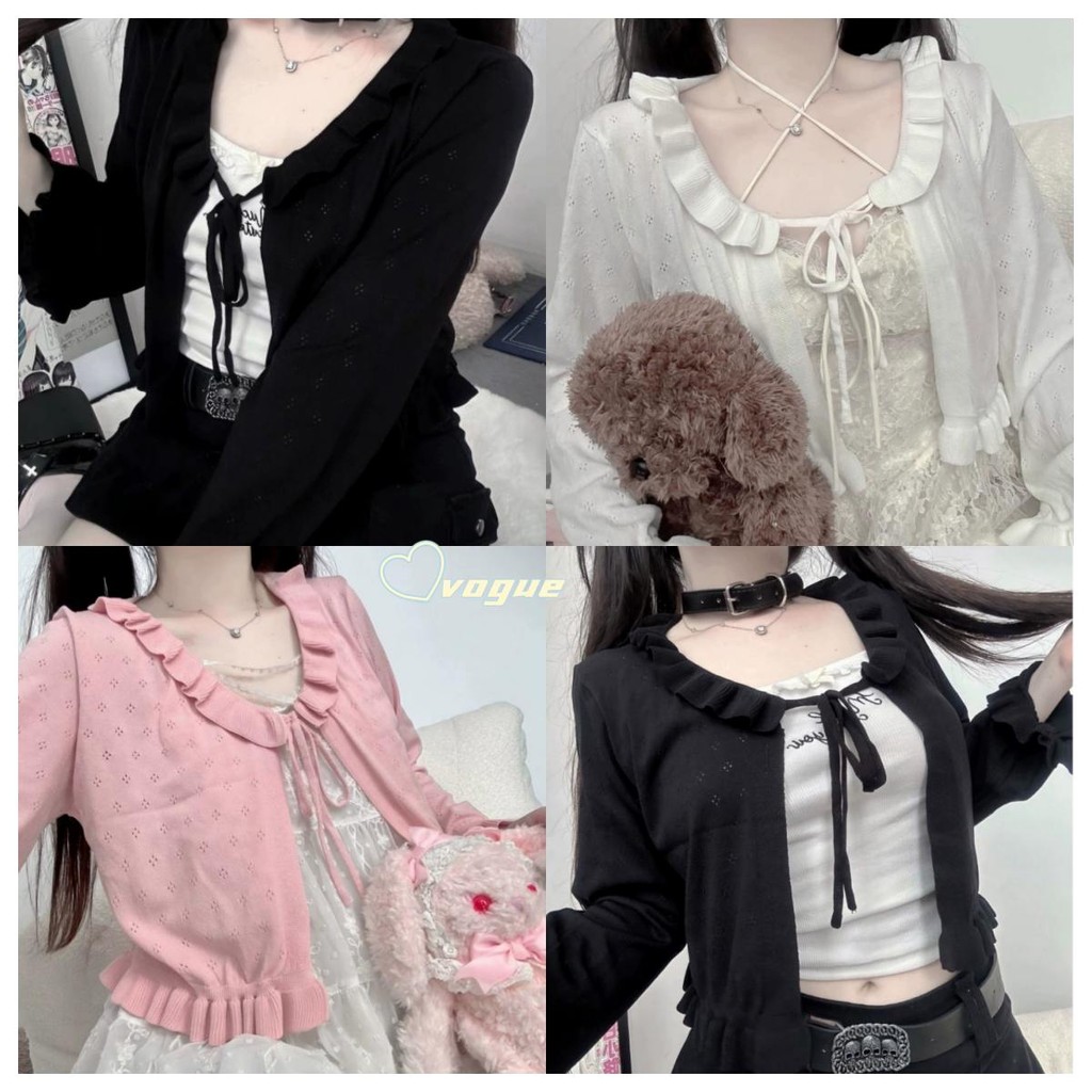 Vogue พร้อมส่ง เสื้อคลุมไหมพรม แขนยาว ขอบหยัก สีพื้น ผูกตรงคอ (Q645)