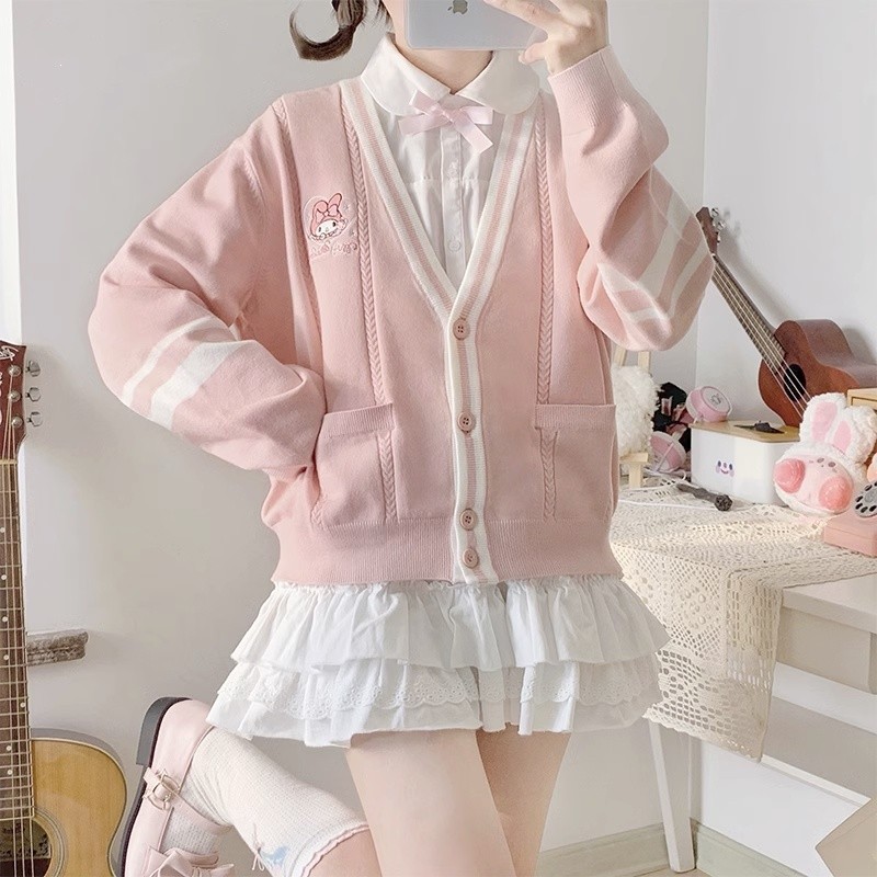 Cardigan Plait Cardigan Women's Sweater Cute Sweater Baggy Coat Sweet Melody College Style Pocket Embroidery