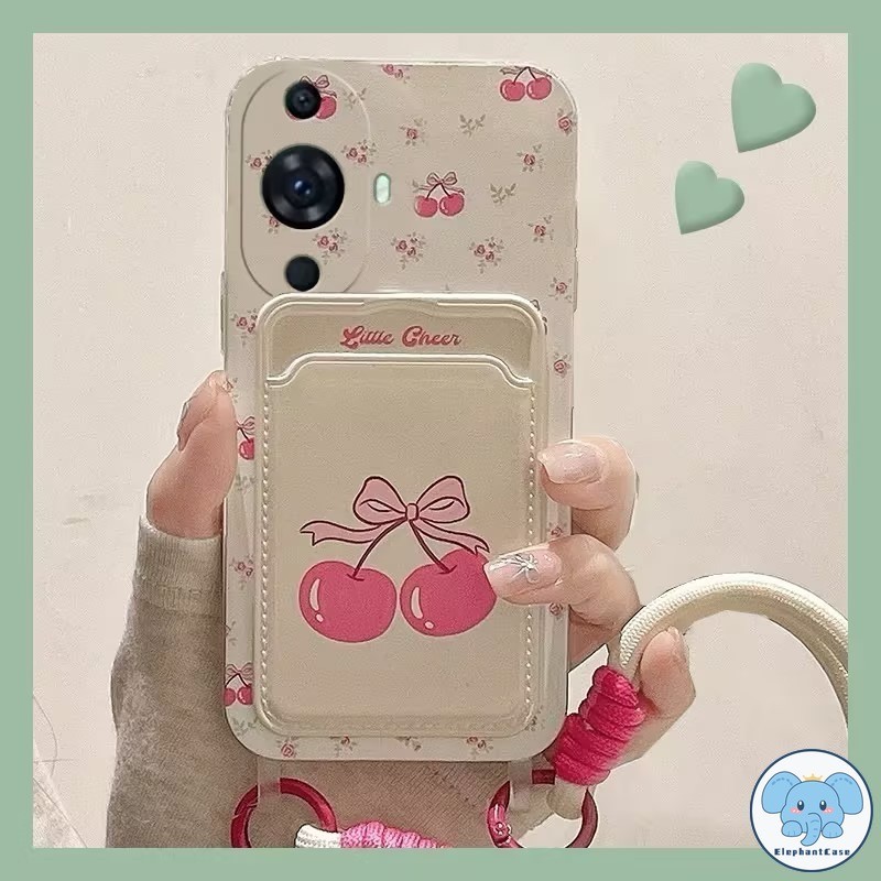 สีชมพูเชอร์รี่ดอกไม้ ที่ใส่บัตรสายคล้องเข้ากันได้กับ เคสไอโฟน 15 12 13 14 11 Pro Max XS X XR Max 7 15 8 14 Plus SE 2020