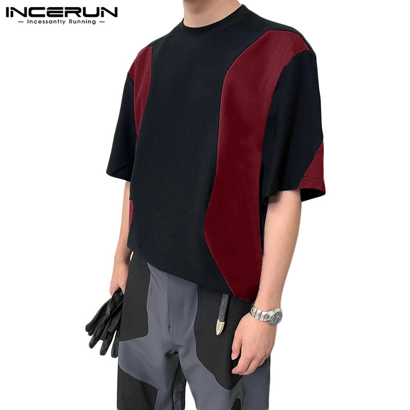 ไม่แน่นอน เสื้อยืดแขนสั้นเย็บปะต่อคอกลมลําลองเกาหลี