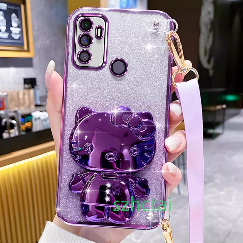 เคสโทรศัพท์ แวววาว OPPO A53 2020 A33 2020 สายรัดข้อมือยาวสไตล์เคสโทรศัพท์แบบนุ่มปลอก วงเล็บคิตตี้เฮลโล พร้อมกระจก เคส OPPO A53 2020 A33 2020