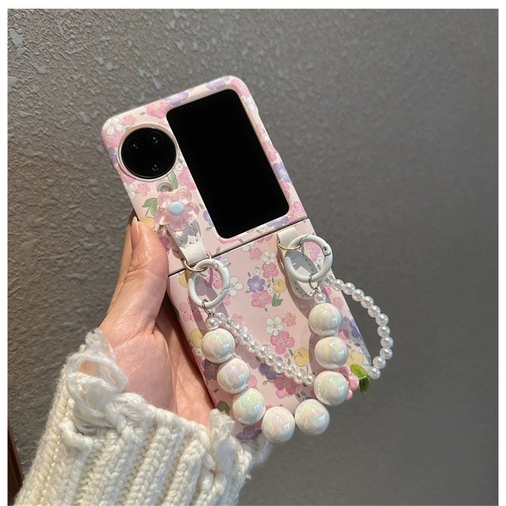 Luken น่ารักสดเต็มหน้าจอดอกไม้เคสโทรศัพท์ดอกไม้มุกสร้อยข้อมือสําหรับ OPPO N3Flip N2 Flip N3 Flip สําหรับ Galaxy Z Flip 3 4 5 6 Z Flip5 Flip6 N3Flip Cover