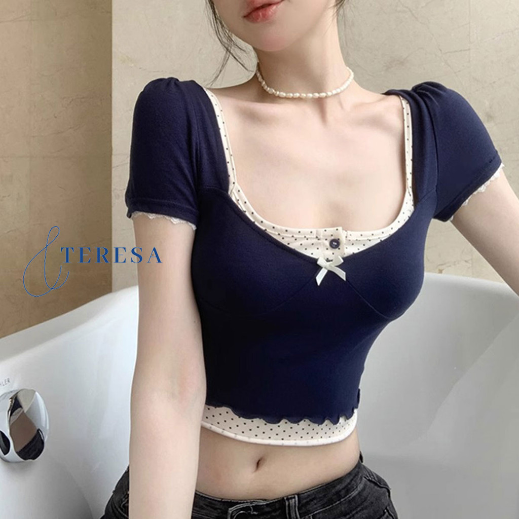 เสื้อยืดวินเทจ สายเดี่ยว สีสันตัดกัน พร้อมโบว์และลายจุด
