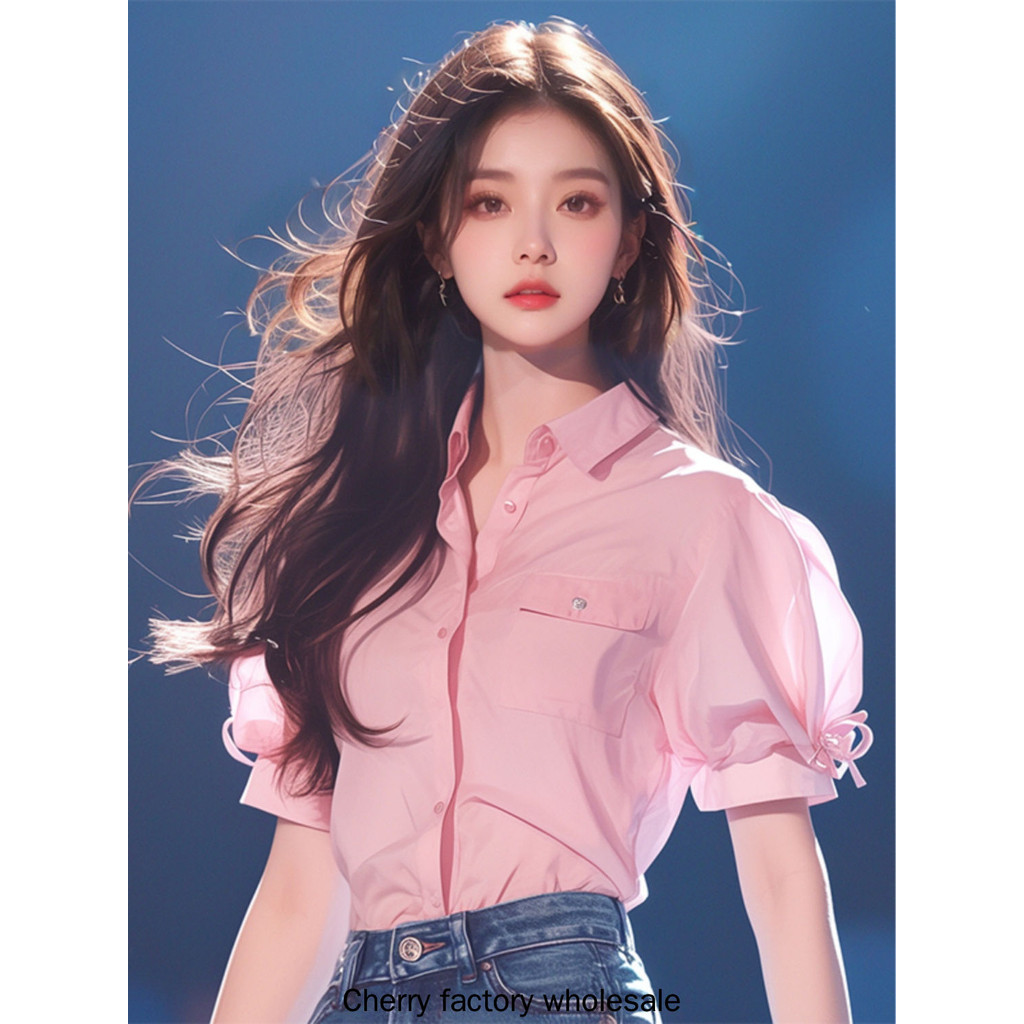 แฟชั่นผู้หญิงสไตล์ใหม่สวยน่ารักเสื้อสีชมพูพัฟแขนเสื้อสุภาพสตรีบนเสื้อผ้า