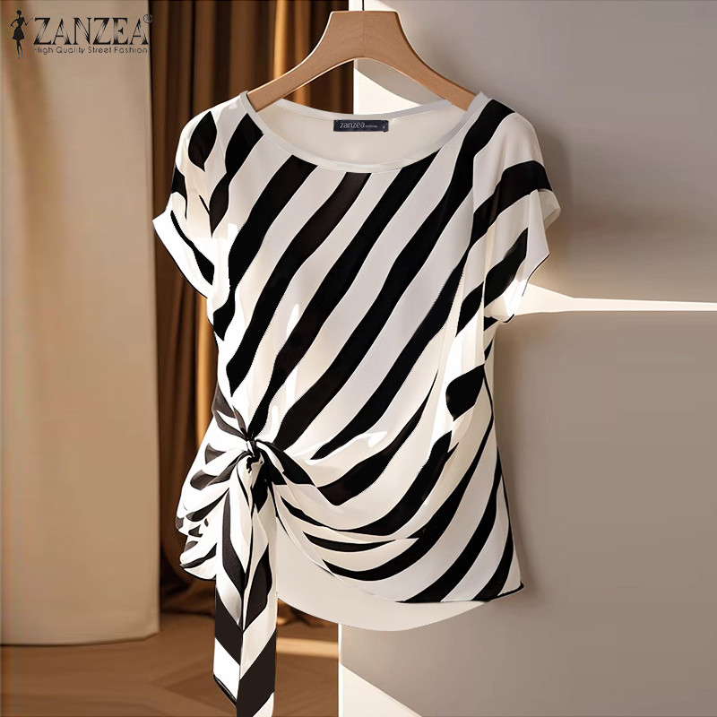 Zanzea เสื้อเบลาส์คอกลมแขนสั้นลําลองสไตล์เกาหลีสําหรับผู้หญิง - รูปที่ 3