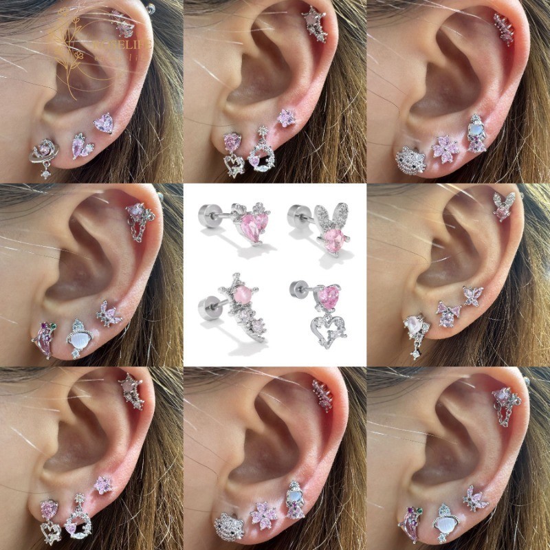 Roselife 1 Pc สีชมพูหวาน S925 เงินเรขาคณิตคริสตัล Heart Star สกรู Rook ต่างหูผู้หญิง Hypoallergenic หู Studs เครื่องประดับ
