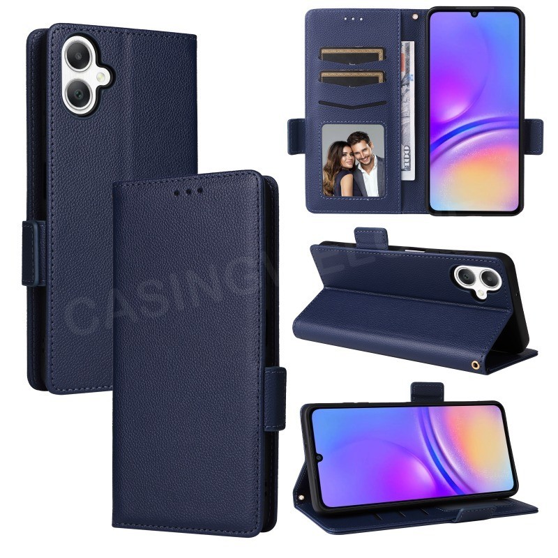 ปลอกสําหรับ Samsung Galaxy A06 A05 A04 A07 A05s A07LTE 4G 5G หรูหราหนังหัวเข็มขัดด้านข้างลิ้นจี่เนื้อเคสโทรศัพท์ช่องเสียบการ์ดกระเป๋าสตางค์ขาตั้งฝาครอบกันกระแทกเคสโทรศัพท์