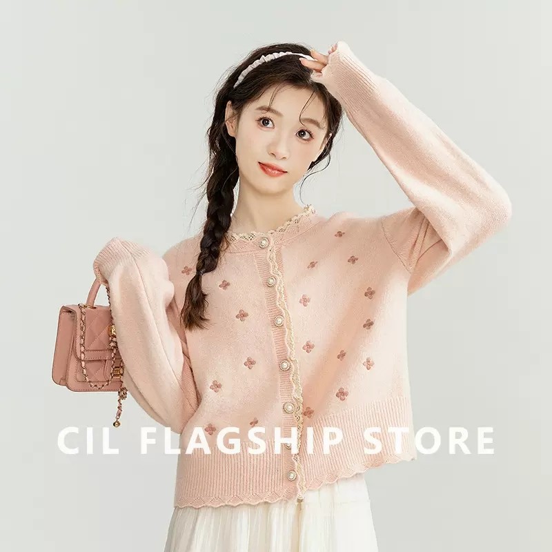 เสื้อสเวตเตอร์ปักลายลูกไม้สไตล์เกาหลีหวานสำหรับผู้หญิงเสื้อสเวตเตอร์แขนยาวทรงหลวมแบบใหม่ฤดูใบไม้ร่วง