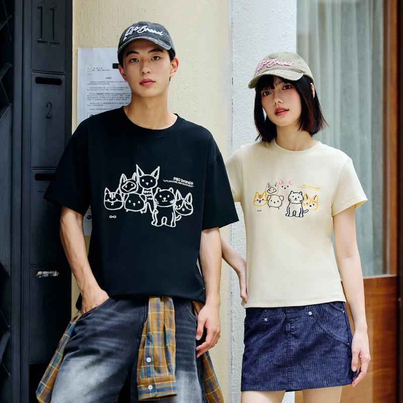 Basi เสื้อยืด oversize unisex เสื้อคู่ ลาย "PSO brand" หมากับแมว ผ้าคอตตอน100% คอกลม ใส่สบาย สไตล์เกาหลี มินิมอล