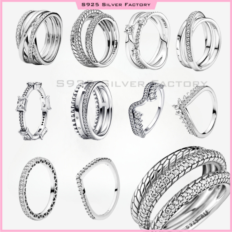 แหวนเจ้าหญิง Wishbone,Sparkling & Polishing Lines,Crossover Pavé Triple Band Ring ลูกปัดเงินแท้ 925 100% เหมาะสําหรับผู้หญิง เข้ากันได้กับสร้อยข้อมือเดิม