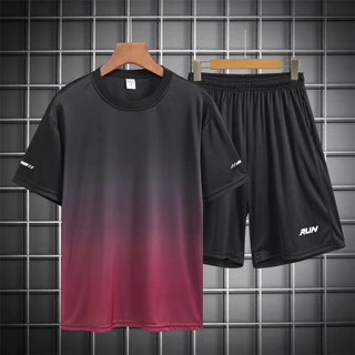ชุดกีฬา 2 ชิ้น ชุดกีฬา เสื้อยืด+กางเกงขาสั้น ผ้าเบา Run เสื้อยืดคอกลมสีพื้น ชุดกีฬาผู้ชาย ชุดวิ่ง
