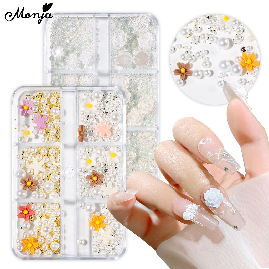 Monja 6 กริดเล็บ Camellia Pearl 5 กลีบดอกไม้แฟนซีลูกปัด 3D เรซิ่นอัญมณีเครื่องประดับ DIY ตกแต่งเล็บ