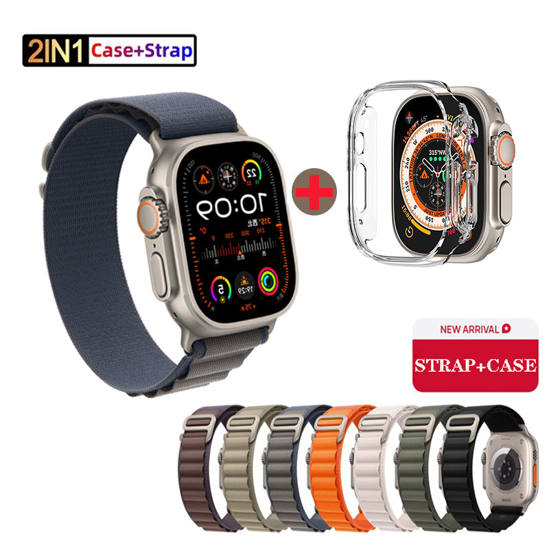 2in1 Strap + Case Alpine Loop สายไนลอนหัวเข็มขัดโลหะสําหรับ Apple Watch Ultra2 49 มม.45 มม.41 มม.44 มม.40 มม.42 มม.38 มม.Iwatch 9 8 7 se 6 5 4 3